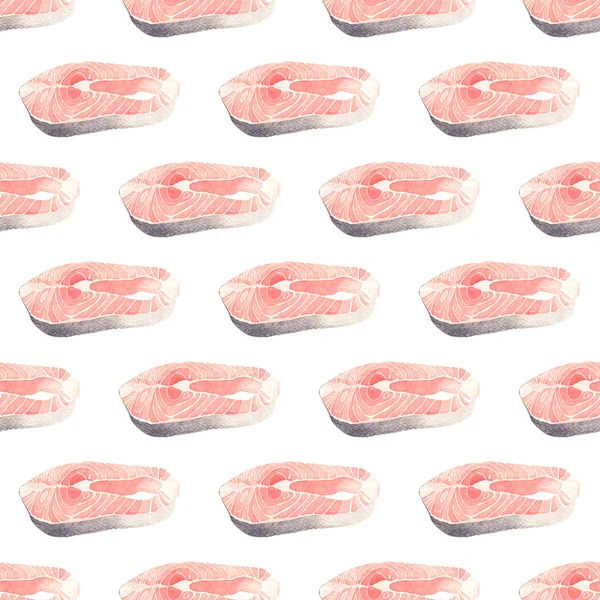 Salmon slice - seafood and marine cuisine. Seamless watercolor pattern with salmon steak. — Stok fotoğraf