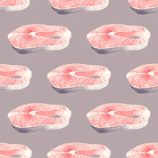 Salmon slice - seafood and marine cuisine. Seamless watercolor pattern with salmon steak. — Stok fotoğraf