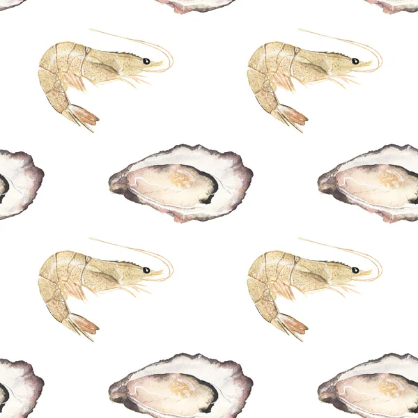 Oyster and prawn - seafood and marine cuisine. Seamless watercolor pattern with oysters and prawns — Zdjęcie stockowe