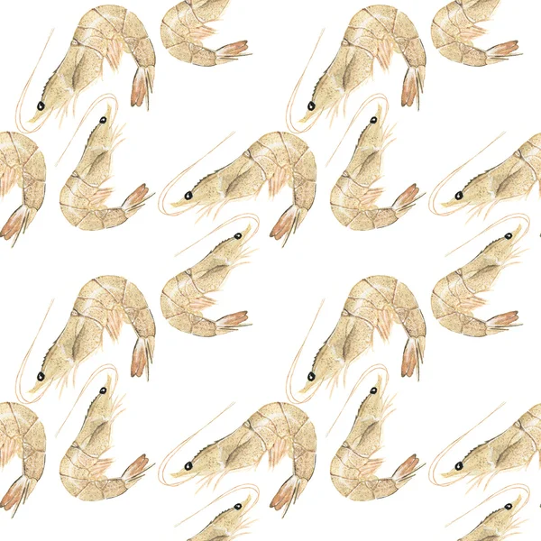 Prawn or shrimp - seafood and marine cuisine. Seamless watercolor pattern with prawns — Stockfoto