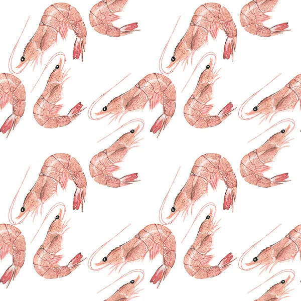 Prawn or shrimp - seafood and marine cuisine. Seamless watercolor pattern with prawns — 스톡 사진