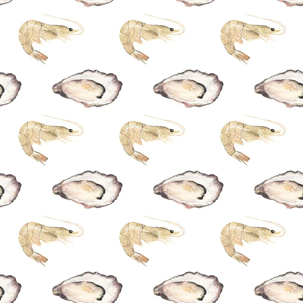 Oyster and prawn - seafood and marine cuisine. Seamless watercolor pattern with oysters and prawns — Stok fotoğraf