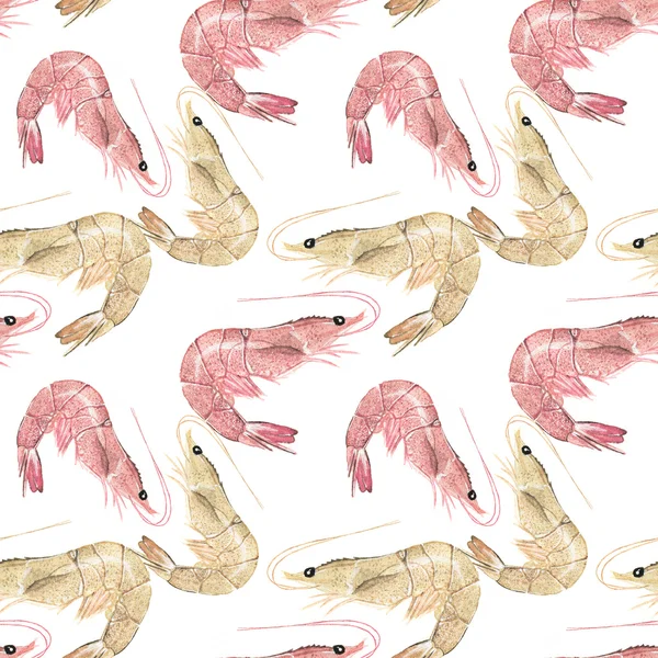 Prawn or shrimp - seafood and marine cuisine. Seamless watercolor pattern with prawns — Zdjęcie stockowe