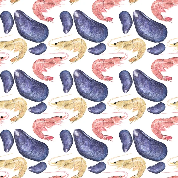 Seafood. Seamless watercolor pattern with oysters, mussels and sea prawn on the white background. — Zdjęcie stockowe