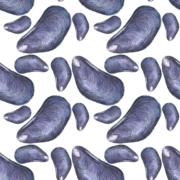 Mussel - seafood and marine cuisine. Seamless watercolor pattern with mussels — Zdjęcie stockowe