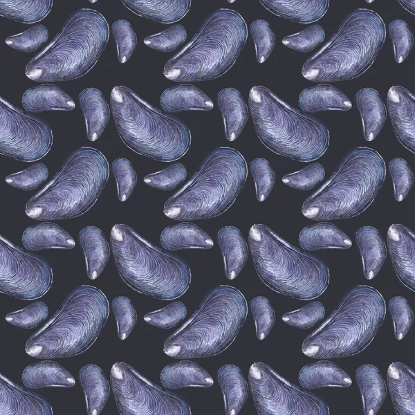 Mussel - seafood and marine cuisine. Seamless watercolor pattern with mussels — 图库照片