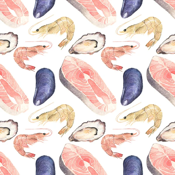 Seafood. Seamless watercolor pattern with oysters, mussels, salmon steak and sea prawn on the white background. — Stock Photo, Image