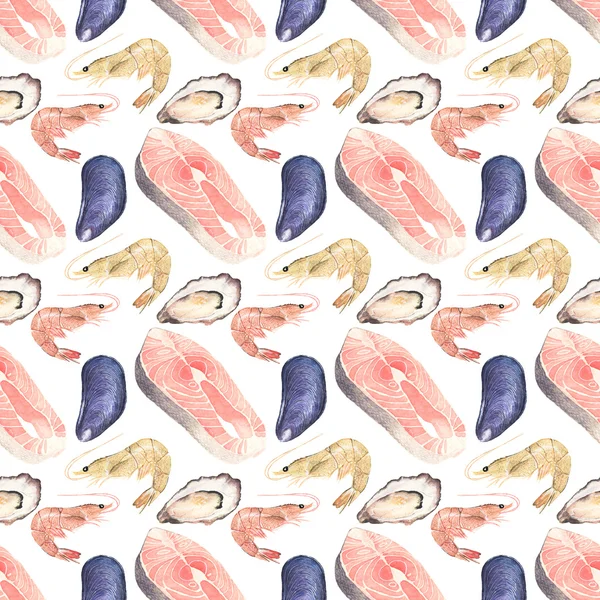 Seafood. Seamless watercolor pattern with oysters, mussels, salmon steak and sea prawn on the white background. — Zdjęcie stockowe