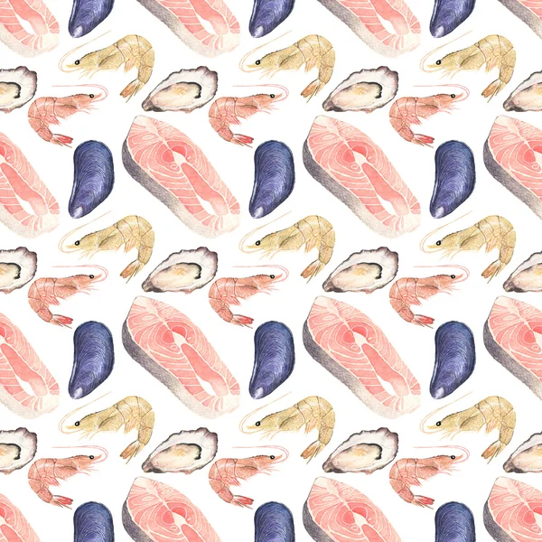 Seafood. Seamless watercolor pattern with oysters, mussels, salmon steak and sea prawn on the white background. — 图库照片