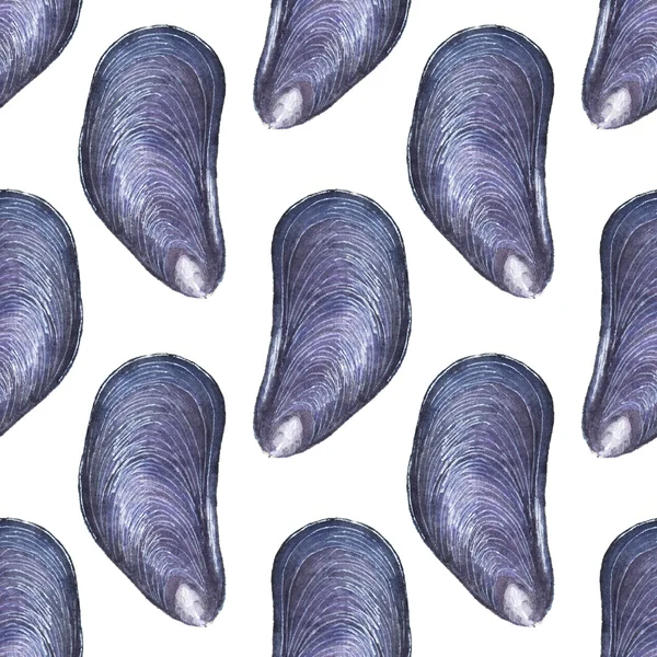 Mussel - seafood and marine cuisine. Seamless watercolor pattern with mussels