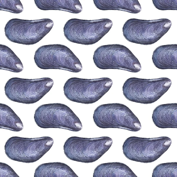 Mussel - seafood and marine cuisine. Seamless watercolor pattern with mussels — Zdjęcie stockowe