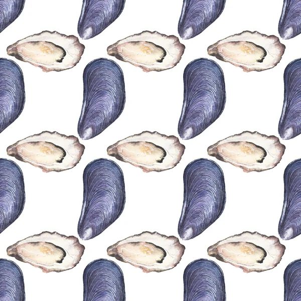 Mussel and oyster - seafood and marine cuisine. Seamless watercolor pattern with mussels and oysters — Stok fotoğraf