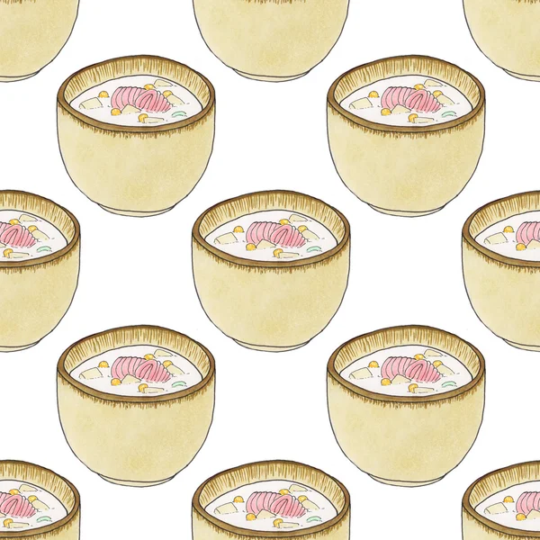 Plate of soup.  Seamless pattern with plates with soup. Hand-drawn original background. — Zdjęcie stockowe