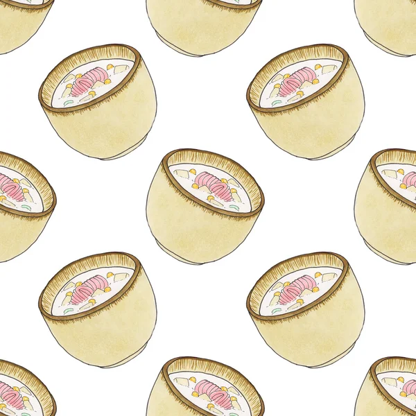 Teller Suppe vorhanden. nahtloses Muster mit Tellern mit Suppe. handgezeichneter Originalhintergrund. — Stockfoto