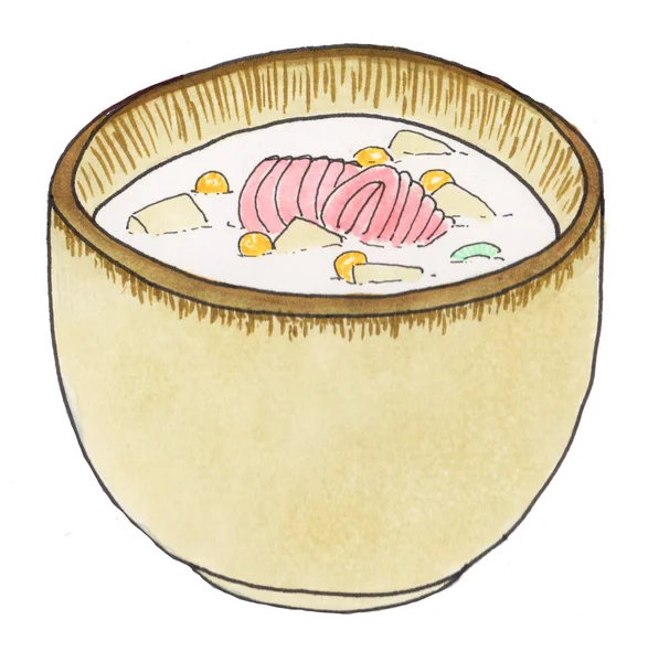 Prato de sopa. Tigela desenhada à mão com sopa e ingredientes . — Fotografia de Stock