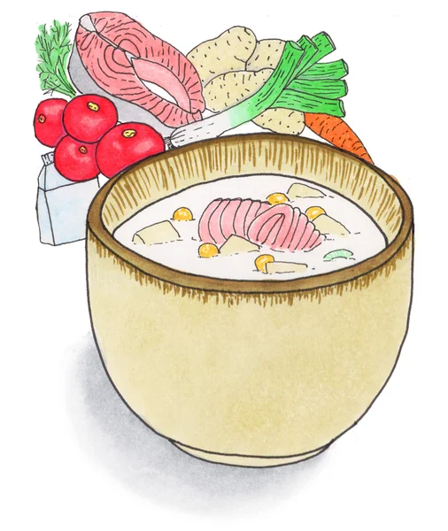 Plate of soup.  Hand-drawn bowl with soup and ingredients. — 图库照片