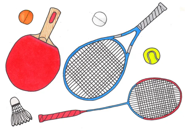 Raquettes et balles, ensemble de sport. Raquette et ballon de badminton, tennis et ping-pong dessinés à la main. Dessin aquarelle réel . — Photo