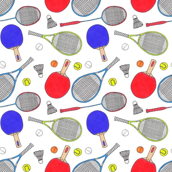 Racquets, balls and shuttlecocks.Seamless watercolor pattern with sport equipment. Hand-drawn original background. — Stock fotografie