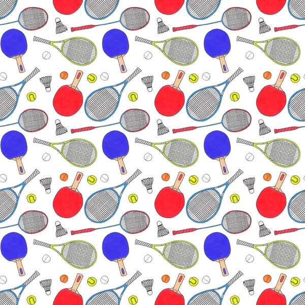 Racquets, balls and shuttlecocks. Seamless watercolor pattern with sport equipment. Hand-drawn original background. — Stock fotografie