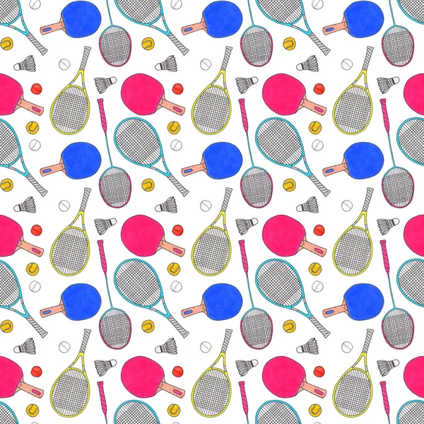 Racquets, balls and shuttlecocks. Seamless watercolor pattern with sport equipment. Hand-drawn original background. — Stock fotografie