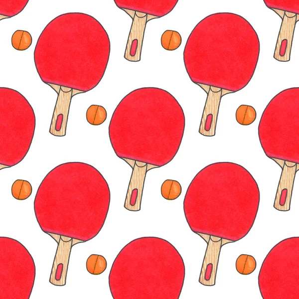 Table tennis racquets and balls.Seamless watercolor pattern with sport equipment. Hand-drawn original background. — Stock Photo, Image