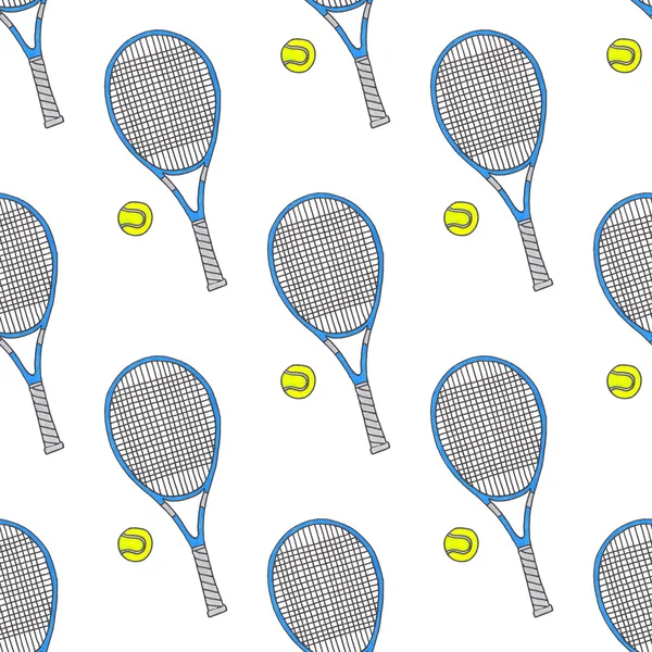 Tennis racquets and balls. Seamless watercolor pattern with sport equipment. Hand-drawn original background. — Stockfoto