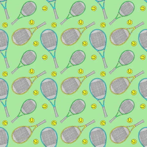 Tennis racquets and balls. Seamless watercolor pattern with soprt equipment. Hand-drawn original background. — Stock fotografie