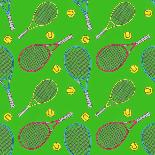 Tennis racquets and balls. Seamless watercolor pattern with soprt equipment. Hand-drawn original background. — ストック写真