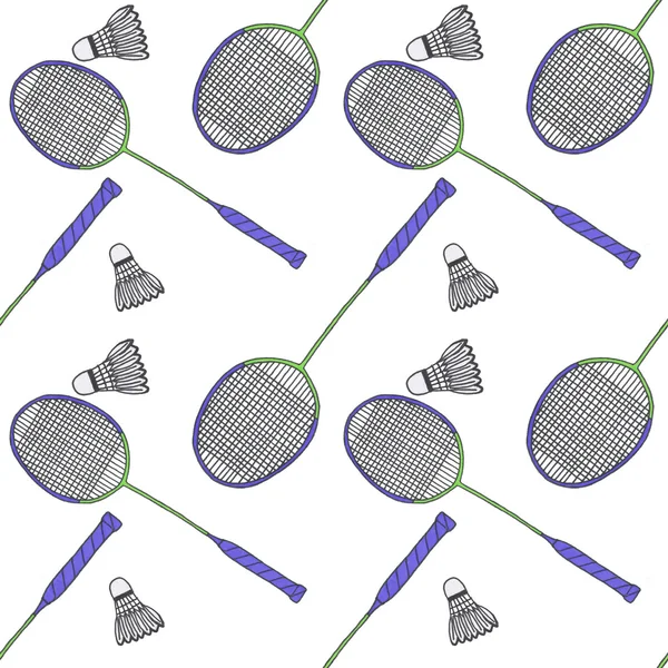 Badminton racquets and shuttlecocks. Seamless watercolor pattern with sport equipment. Hand-drawn original background. — Zdjęcie stockowe