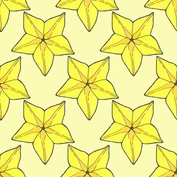 Starfruit or carambola. Seamless pattern with fruits. Hand-drawn background. — Stock Photo, Image