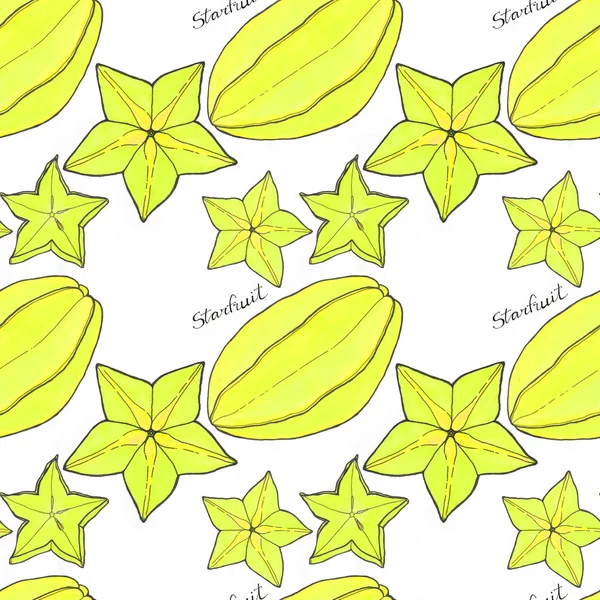 Starfruit or carambola. Seamless pattern with fruits. Hand-drawn background. — Stock Photo, Image