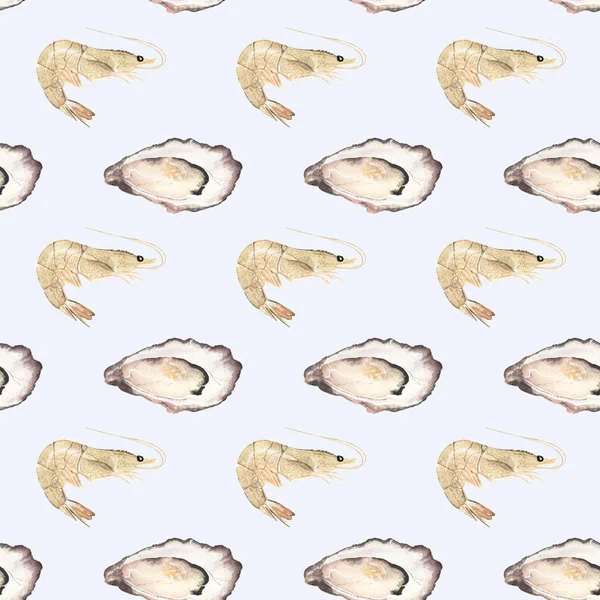 Oyster and prawn - seafood and marine cuisine. Seamless watercolor pattern with oysters and prawns — Stock Image Oyster and prawn - seafood and marine cuisine. Seamless watercolor pattern with oysters and prawns Royalty Free Stock Images