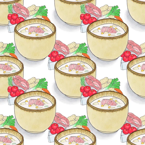 Plate of soup. Seamless pattern with plates with soup and ingredients. Hand-drawn original background. — Stock Image Plate of soup. Seamless pattern with plates with soup and ingredients. Hand-drawn original background. Stock Image