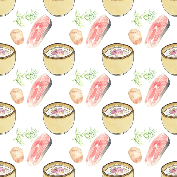 Plate of soup. Seamless pattern with plates with soup and ingredients. Hand-drawn original background. — Stock Image Plate of soup. Seamless pattern with plates with soup and ingredients. Hand-drawn original background. Stock Image