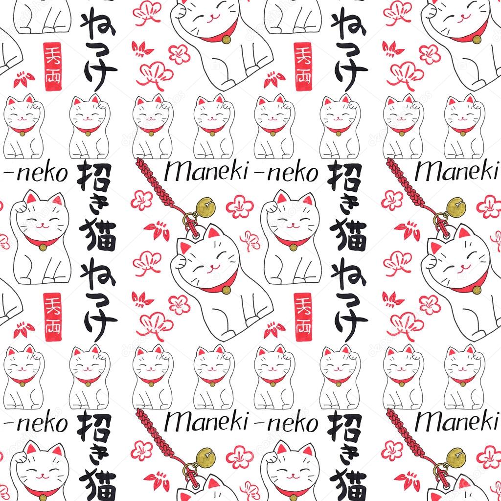 Maneki-neko. Seamless pattern with japanese lucky welcoming cat and japanese word Maneki-neko. Hand-drawn original background.