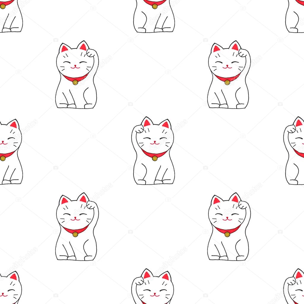 Maneki-neko. Seamless pattern with japanese lucky welcoming cat. Hand-drawn original background.