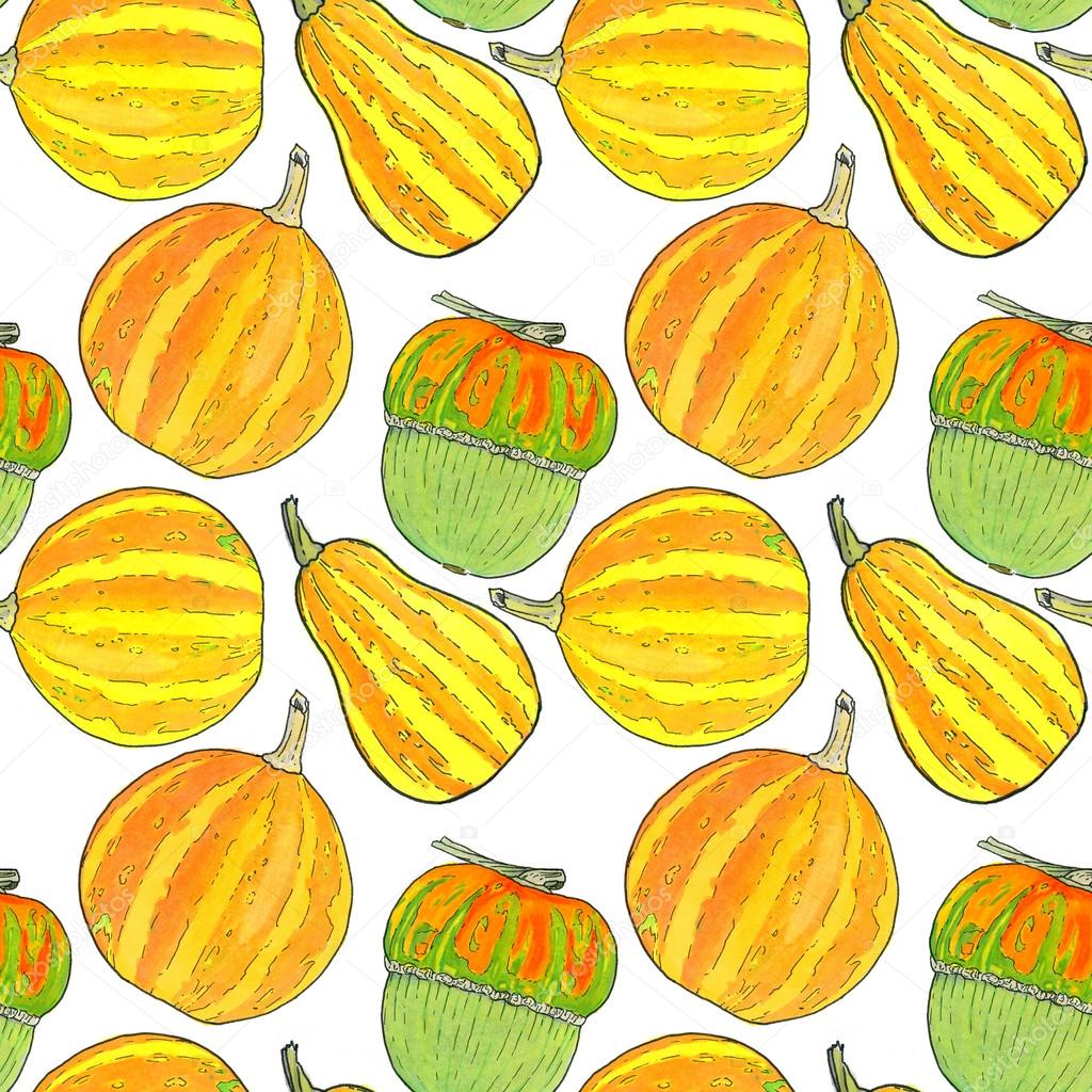 Pumpkin. Halloween and Thanksgiving day theme. Seamless pattern with pumpkins. Hand-drawn background.