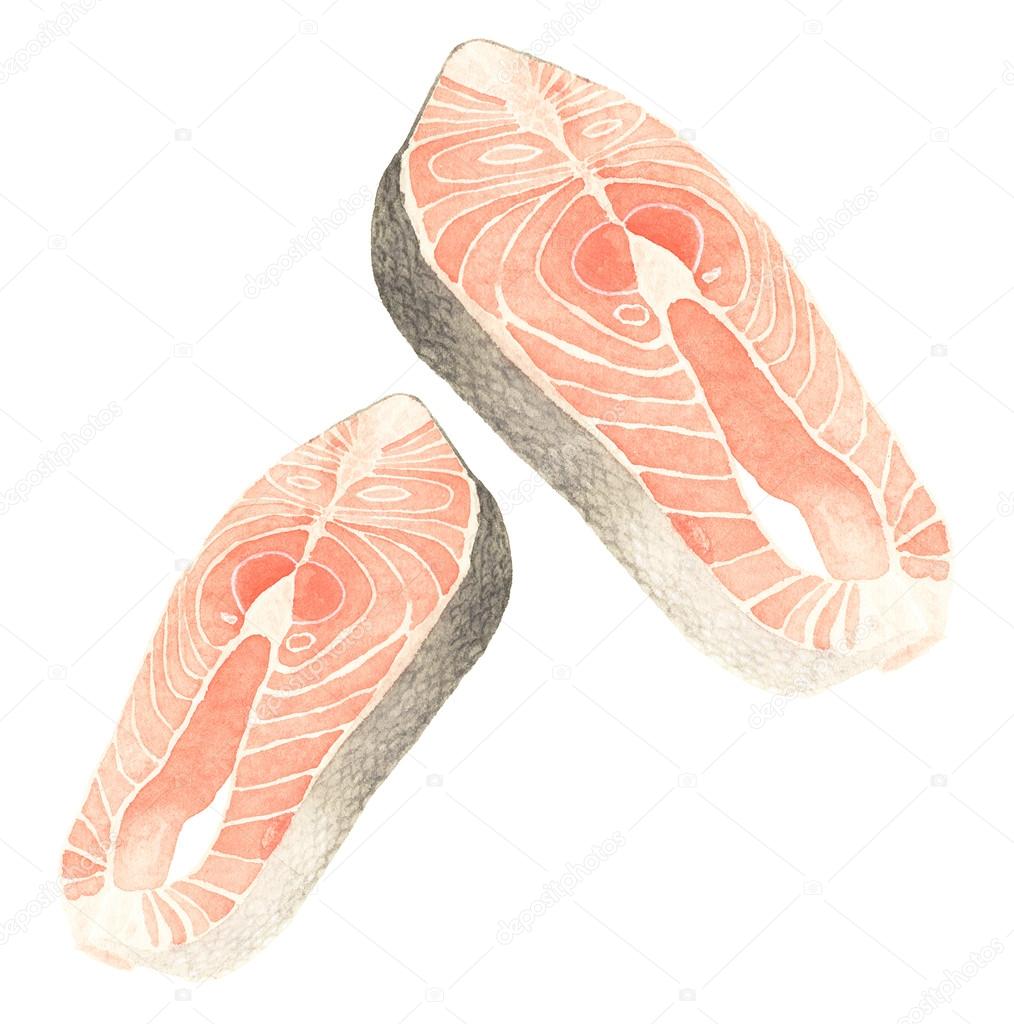 Salmon or trout steak - seafood and marine cuisine. Real watercolor drawing.