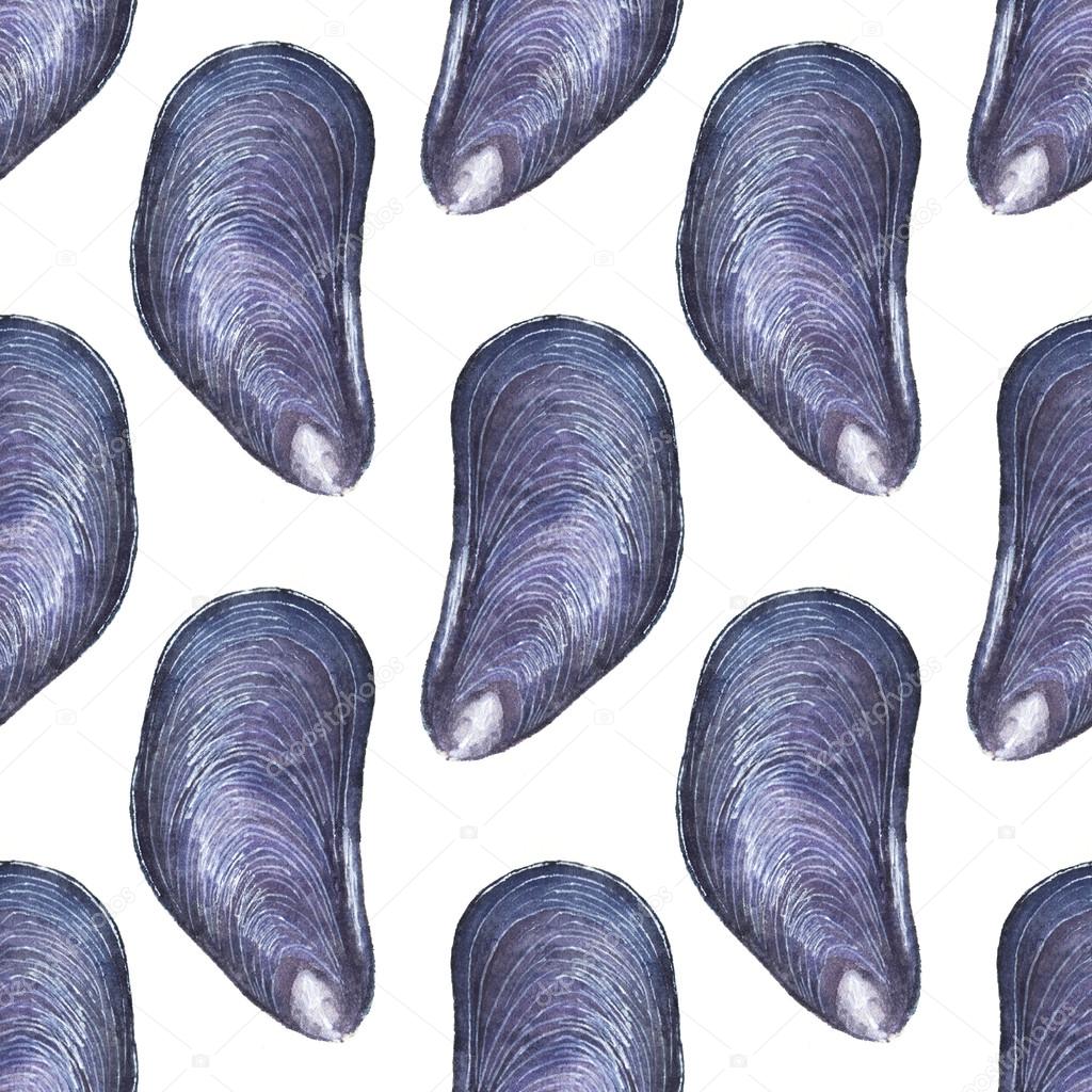 Mussel - seafood and marine cuisine. Seamless watercolor pattern with mussels