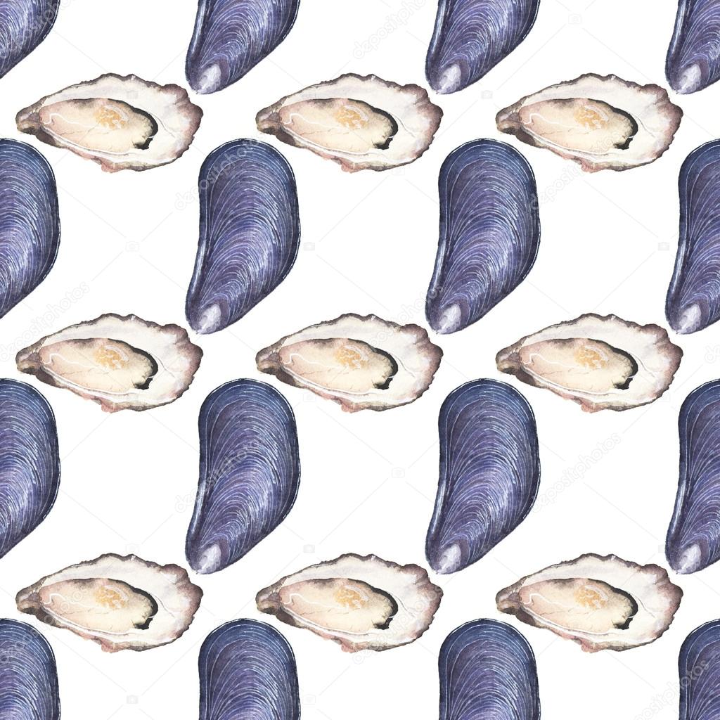 Mussel and oyster - seafood and marine cuisine. Seamless watercolor pattern with mussels and oysters