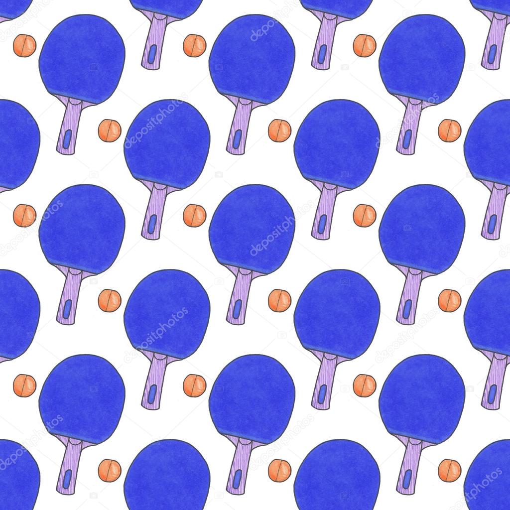 Table tennis racquets and balls. Seamless watercolor pattern with sport equipment. Hand-drawn original background.