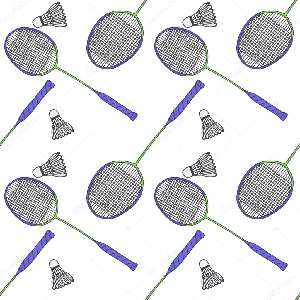 Badminton racquets and shuttlecocks. Seamless watercolor pattern with