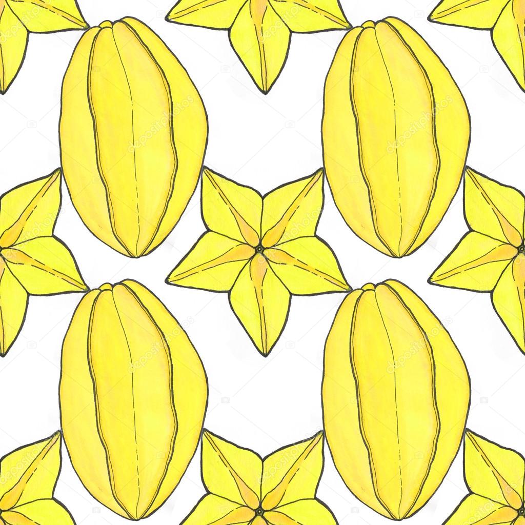 Starfruit or carambola. Seamless pattern with fruits. Hand-drawn background.
