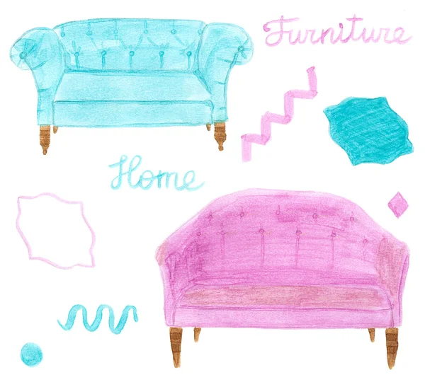 Ev mobilyaları. Kanepe veya divan ve dekoratif elemets çizilmiş kümesiyle el. — Stok fotoğraf