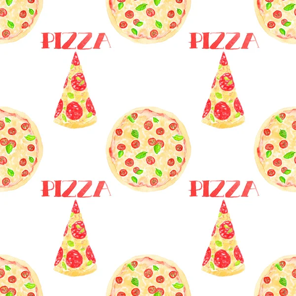 Pizza. Patrón sin costuras con pizzas italianas. Fondo alimentario original dibujado a mano . —  Fotos de Stock