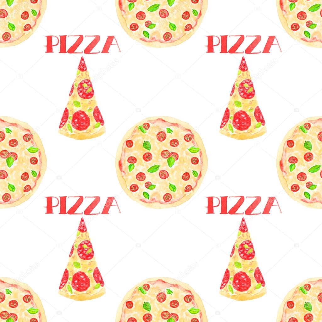Pizza. Seamless pattern with italian pizzas. Hand-drawn original food background.