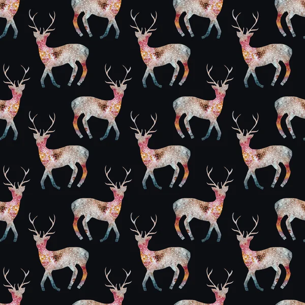 Deer. Seamless pattern with cosmic or galaxy deers. Hand-drawn original animal background.