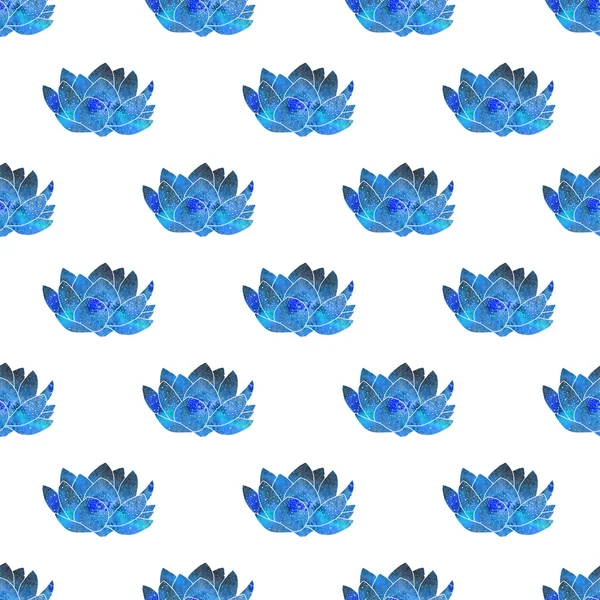 Blue lotus. Seamless pattern with cosmic or galaxy flowers. Hand-drawn original floral background.