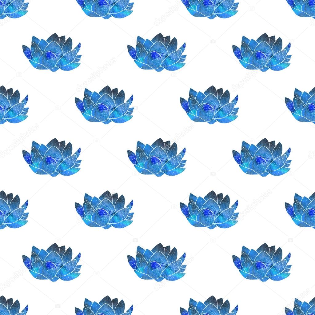 Blue lotus. Seamless pattern with cosmic or galaxy flowers. Hand-drawn original floral background.