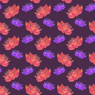Kırmızı ve pembe lotus. Kozmik ile Seamless Modeli veya gökada çiçek. Çizilmiş özgün çiçek arka plan.